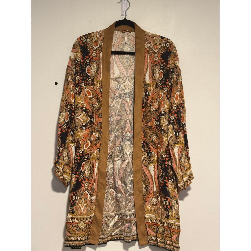 Free People Kimono Jacket XS Boho Paisley Longline Open Front‎ Cardigan Festival